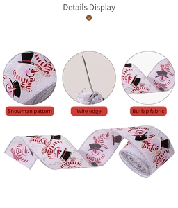 Detailed view of burlap Christmas ribbon with snowman patterns and flexible wire edges