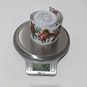 Close-up of white Christmas ribbon roll with squirrel and pinecone patterns on a scale