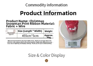 Détail du ruban de Noël motif bonhomme de neige avec dimensions 455cmx5cm et poids du produit