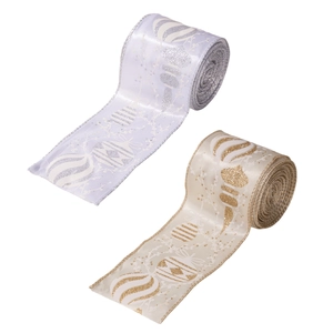 Silver and gold glitter Christmas ribbon rolls with festive tree and ball patterns