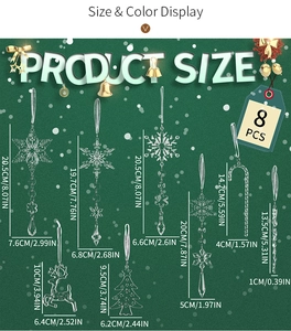 Maßtabelle für das 8-teilige Set aus klaren Acryl-Weihnachtsanhängern mit Größenangaben