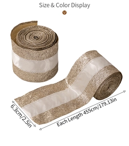 Detail of 6.3cm champagne gold glitter ribbon with white satin stripe for Christmas décor