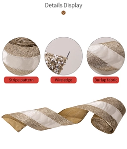 Macro view of gold striped burlap ribbon with wire edge for Christmas gift wrapping