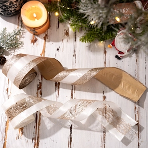 Christmas Glitter Wired Edge Ribbon Gold White Stripe Burlap Fabric Sequin For Xmas Tree Decoration Gift Wrapping Ornaments