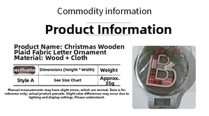 Detailed view of wooden letter B ornament with red plaid and weight measurement