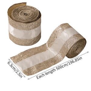 Golden sequin Christmas ribbon with white satin stripe center, 6.3cm width 500cm length