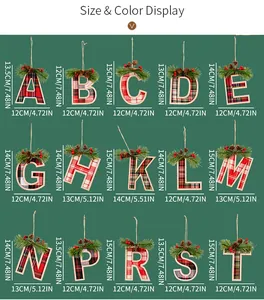 Size chart for wooden Christmas letter ornaments with red plaid fabric and pine cone details