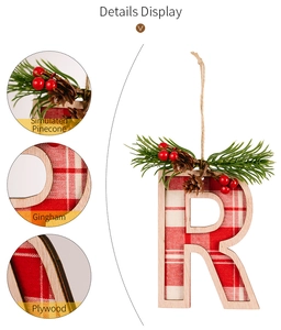 Detailed close-up of Christmas letter R ornament with red gingham and pinecone accent