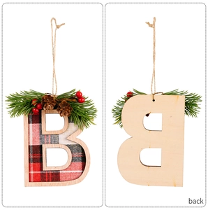 Front and back detail of Christmas letter B ornament with red plaid and pine cone