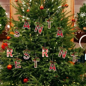 Detail of Christmas plaid alphabet ornament with pine needles and berries on tree