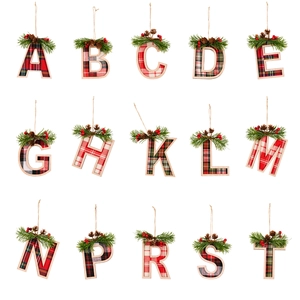 Christmas tree wooden letter pendants with red plaid pattern and pine needles decoration
