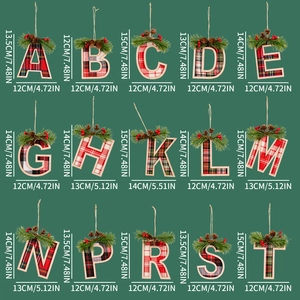 Christmas tree letter ornaments with red plaid fabric, pine needles and cones