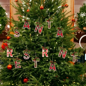 Christmas tree letter ornaments with red green plaid fabric and pine cone details