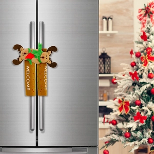 Close-up of reindeer-themed refrigerator door handle covers with WELCOME text