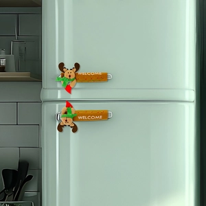 Detailed close-up of a festive reindeer fridge handle cover with Welcome text on a handle