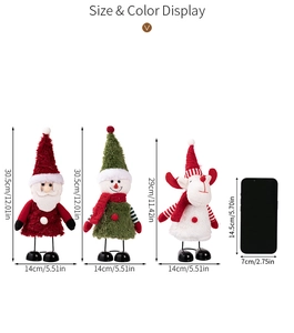 Size display of Santa, Snowman and Reindeer plush toys with detailed height measurements