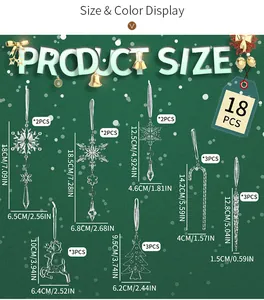 Size chart for 18pcs clear acrylic Christmas ornaments including snowflakes and reindeer
