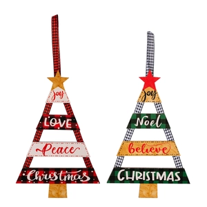 Lot de 2 ornements de Noël en bois en forme de sapin avec motifs à carreaux rouges