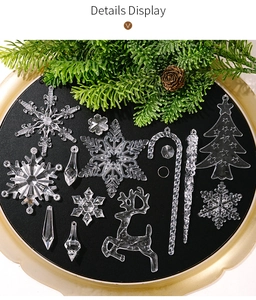 Detail of 18pcs clear acrylic Christmas ornaments set including snowflake and elk pendants