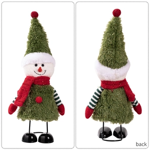 Front and back detail of plush Christmas snowman doll with green hat and metal feet