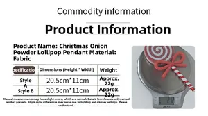 Detailed size and weight chart for red glitter Christmas lollipop ornaments with fabric bow