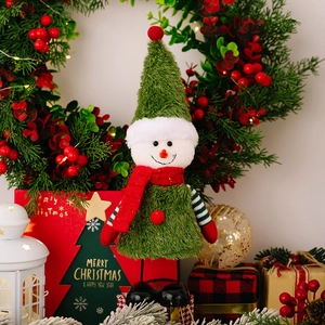 Detail of Christmas snowman plush ornament with green faux fur and red knitted scarf