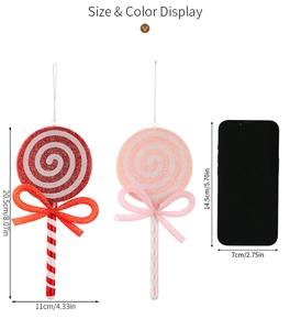 Size comparison of glitter lollipop Christmas ornaments with red and pink bows