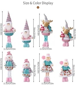 Size chart showing height comparison for pink Christmas gnome reindeer and snowman dolls