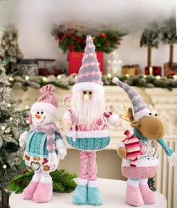 Detailed trio of pink plush Christmas gnomes with telescopic legs for home decoration