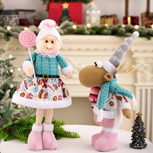 Detail of plush Christmas gnomes with knitted textures and festive holiday decorations