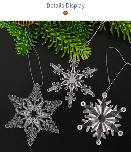 Detailed view of clear acrylic snowflake ornaments with geometric texture on black background