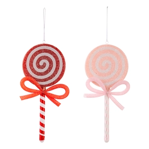 Set of two Christmas candy cane lollipop ornaments with glitter bows and silver hanging strings