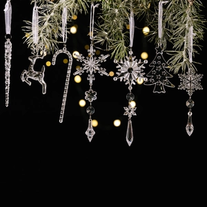 18pcs clear acrylic Christmas ornaments set featuring reindeer and snowflake on pine branch
