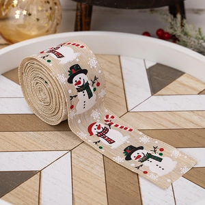 Ruban de Noël en lin avec motifs de bonshommes de neige et cannes en sucre décor