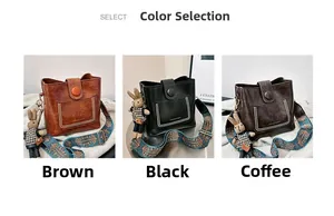 Sacs seau rétro en cuir PU marron, noir et café avec bandoulières larges ethniques