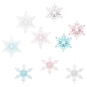 Lot de flocons de neige de Noël en acrylique transparent, tons blanc, rose et bleu