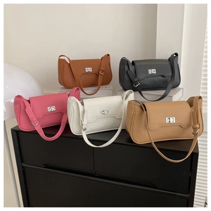 Five assorted colors of elegant crescent shoulder bags with silver metal turn-lock closures