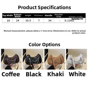 Detailed size chart for crescent PU leather bag with chain and silver rivet accents