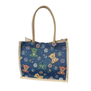 Grand sac cabas en toile bleu marine avec motif ours et poignées en lin naturel