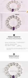 Detailed view of 13.5mm clear crystal beads with amethyst double point and silver spacers