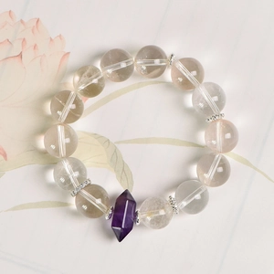 Natural white quartz 13mm bead bracelet with purple amethyst point charm jewelry