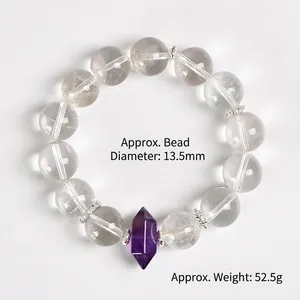 Natural 13.5mm white crystal bead bracelet with amethyst point and silver floral spacers