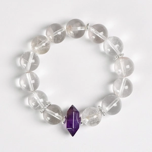 Natural 13mm white crystal bead bracelet with a purple amethyst hexagonal pillar pendant