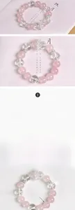 Detail view of 13mm natural pink quartz beads and white crystal bracelet with metal spacers