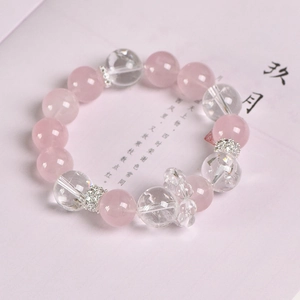 Natural Rose Quartz And Clear Quartz Beaded Bracelet Polished Pink Crystal Round Beads Jewelry For Women Birthday Gift