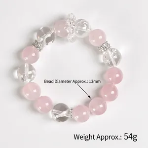 Pink rose quartz and white crystal 13mm beaded bracelet with silver rhinestone spacers