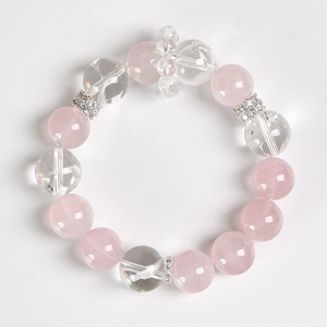 Natural 13mm pink rose quartz and clear crystal beaded bracelet with silver spacers
