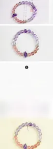 Detail of 8mm natural amethyst beads with a pink strawberry quartz double point pendant