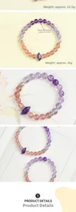 Detailed view of 8mm amethyst and strawberry quartz beads bracelet with silver spacers