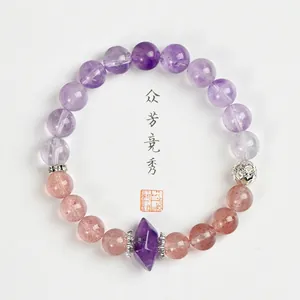 Amethyst Strawberry Quartz Beaded Bracelet Hexagonal Crystal Column Stretch Jewelry Elegant Vintage For Women